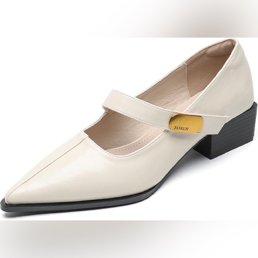 Faux Leather Cream Mary Jane Block Heels